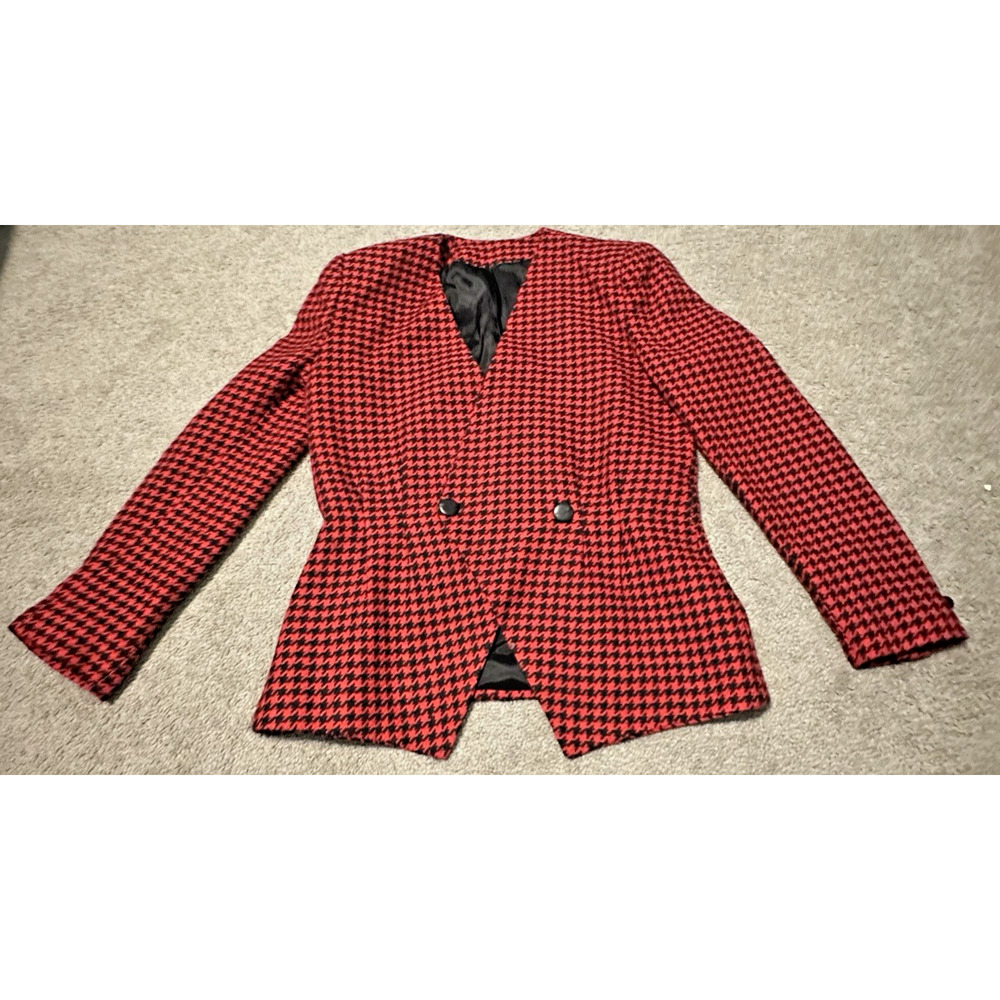 D'Anello New York Vintage Red Black Houndstooth Wool Blazer Jacket Womens 10 USA